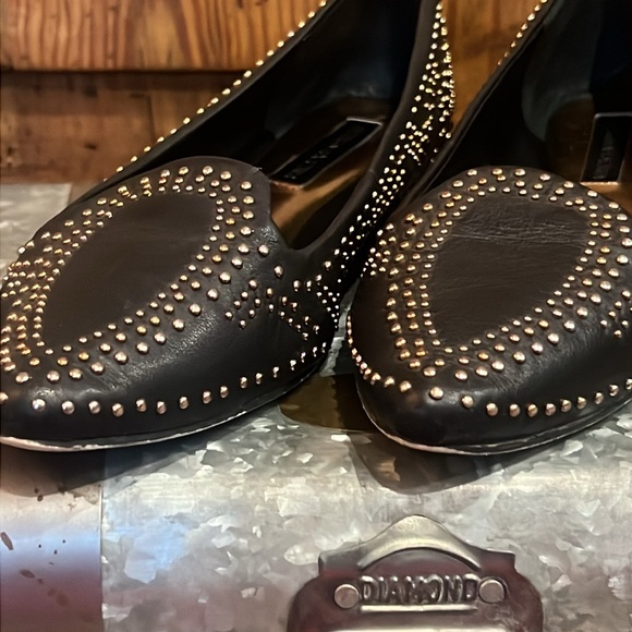 BCBGMaxazria Black Gold Studded Point Toe Leather Flats - Picture 3 of 8